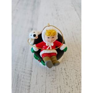 National rennoc girls sledding dog vintage mini ornament 1991
